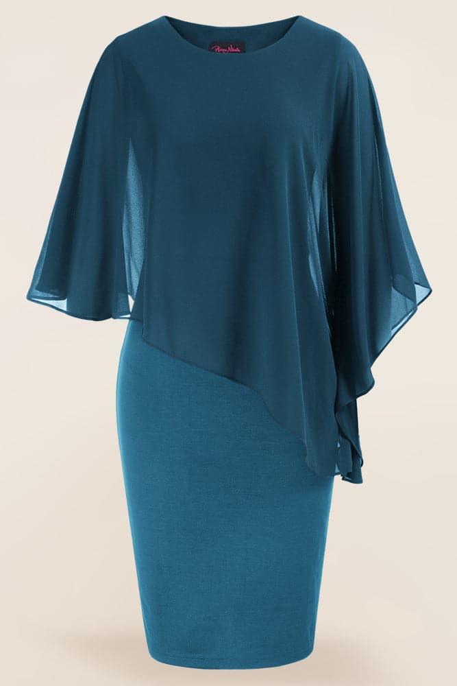 HN Chiffon Capelet Decorated Dress Crew Neck Knee Length Pencil Dress - Hanna Nikole