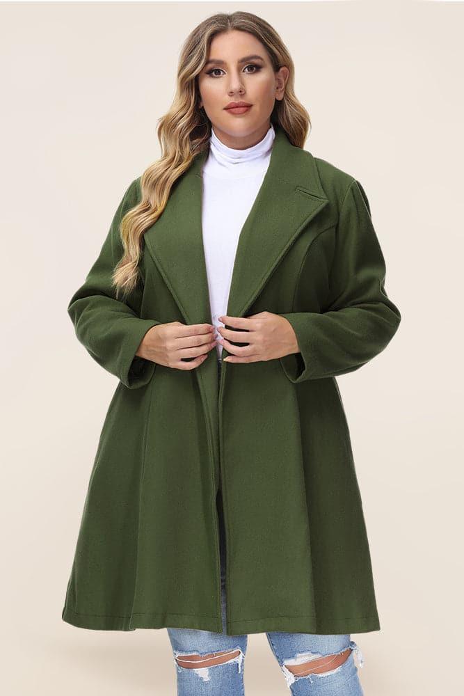 HN Lapel Collar Overcoat Long Sleeve Defined Waist A-Line Coat - Hanna Nikole