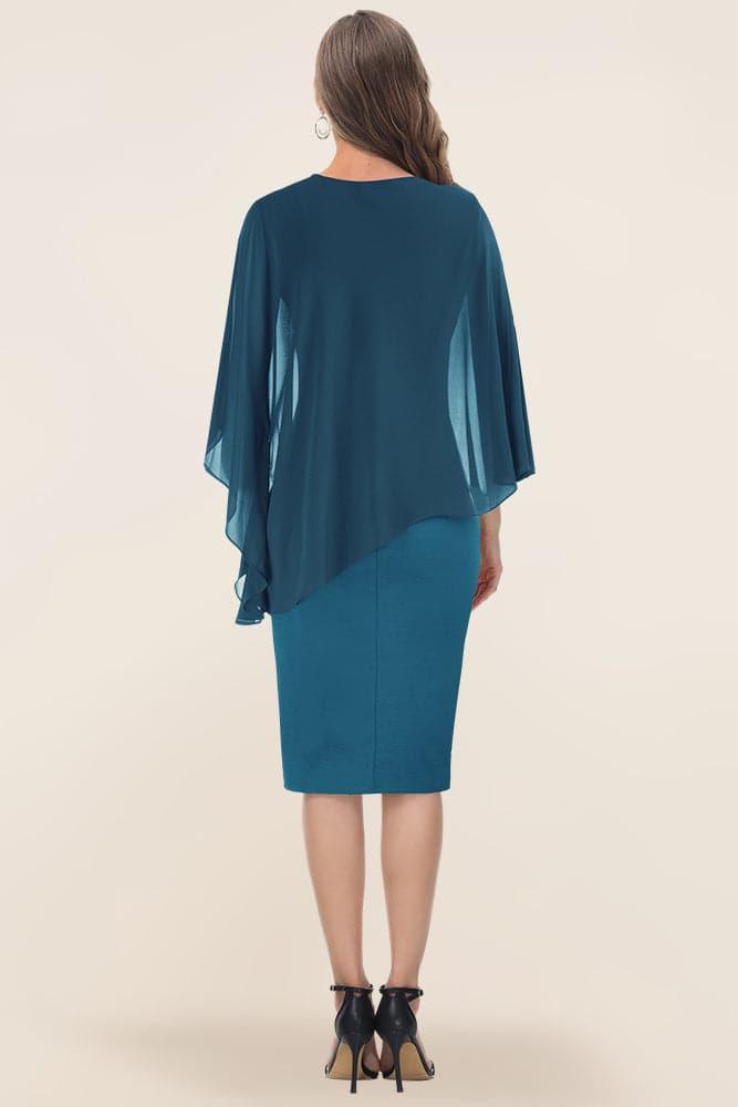 HN Chiffon Capelet Decorated Dress Crew Neck Knee Length Pencil Dress - Hanna Nikole