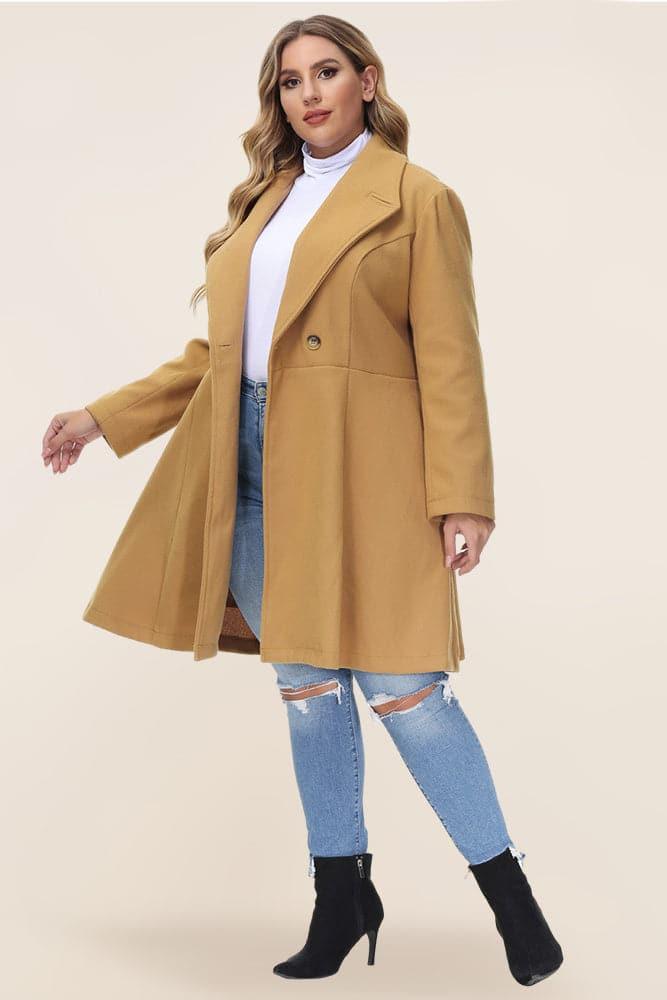 HN Lapel Collar Overcoat Long Sleeve Defined Waist A-Line Coat - Hanna Nikole