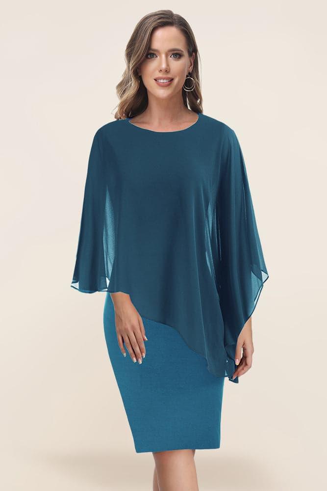 HN Chiffon Capelet Decorated Dress Crew Neck Knee Length Pencil Dress - Hanna Nikole