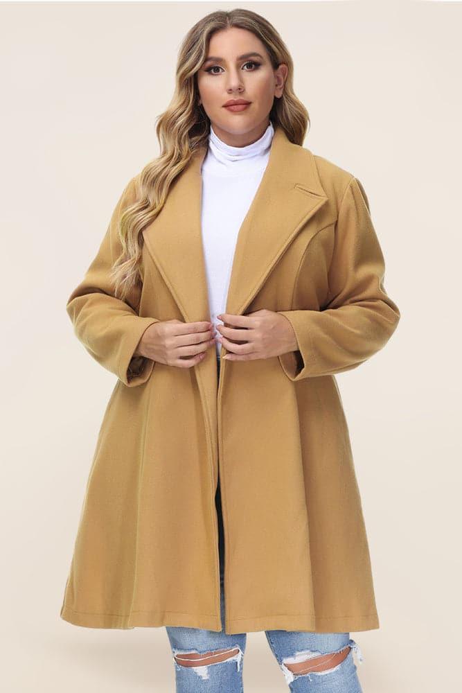 HN Lapel Collar Overcoat Long Sleeve Defined Waist A-Line Coat - Hanna Nikole