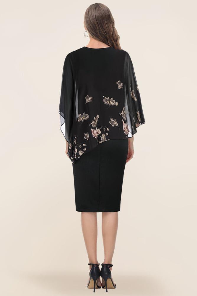 HN Chiffon Capelet Decorated Dress Crew Neck Knee Length Pencil Dress - Hanna Nikole