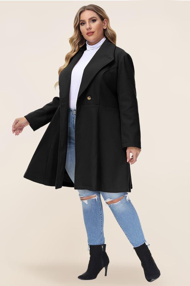 HN Lapel Collar Overcoat Long Sleeve Defined Waist A-Line Coat - Hanna Nikole