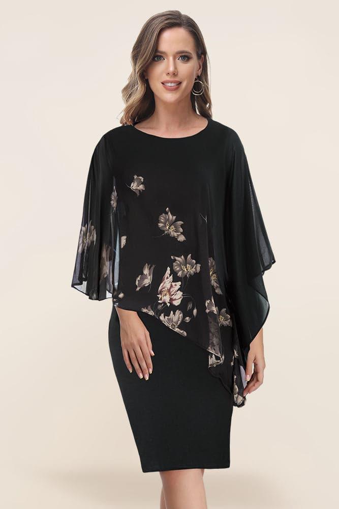 HN Chiffon Capelet Decorated Dress Crew Neck Knee Length Pencil Dress - Hanna Nikole