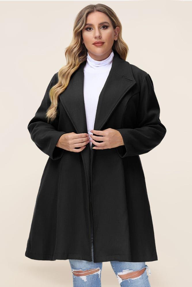HN Lapel Collar Overcoat Long Sleeve Defined Waist A-Line Coat - Hanna Nikole