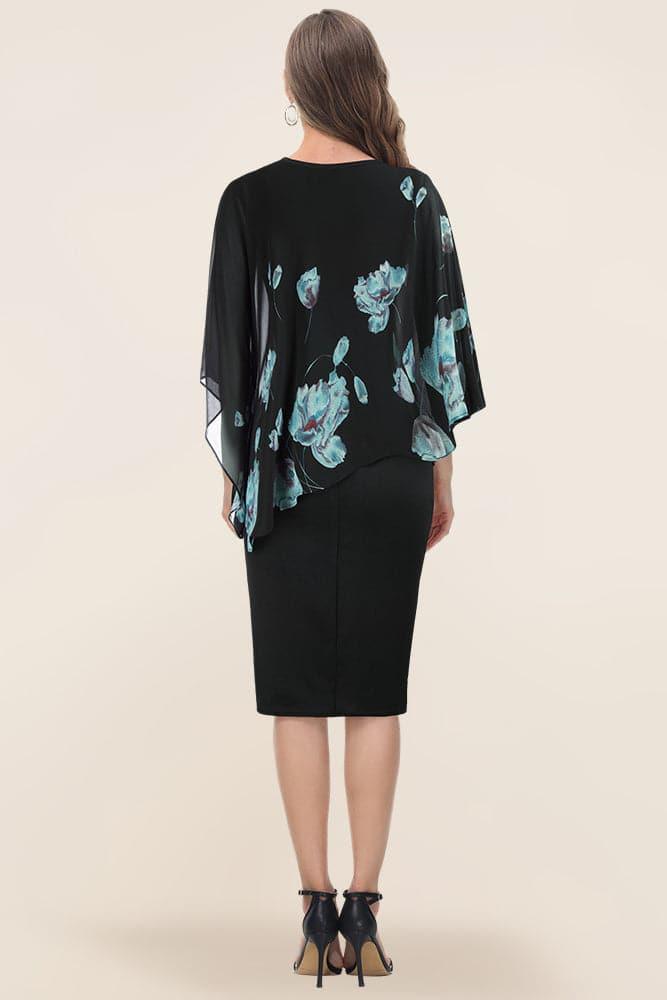 HN Chiffon Capelet Decorated Dress Crew Neck Knee Length Pencil Dress - Hanna Nikole