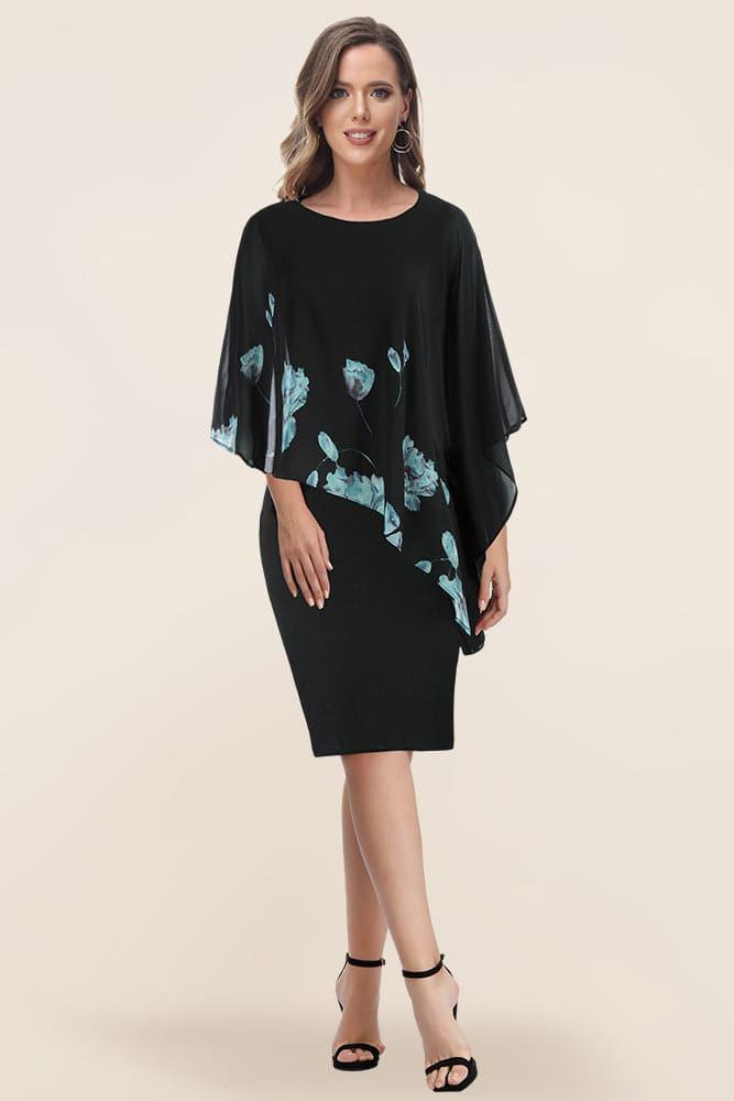HN Chiffon Capelet Decorated Dress Crew Neck Knee Length Pencil Dress - Hanna Nikole