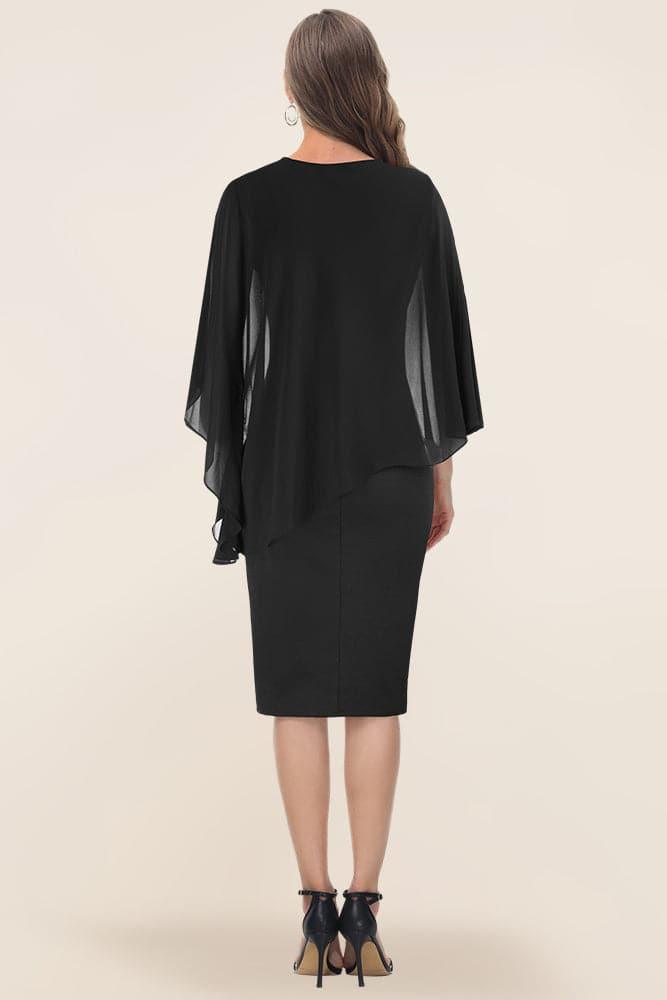 HN Chiffon Capelet Decorated Dress Crew Neck Knee Length Pencil Dress - Hanna Nikole