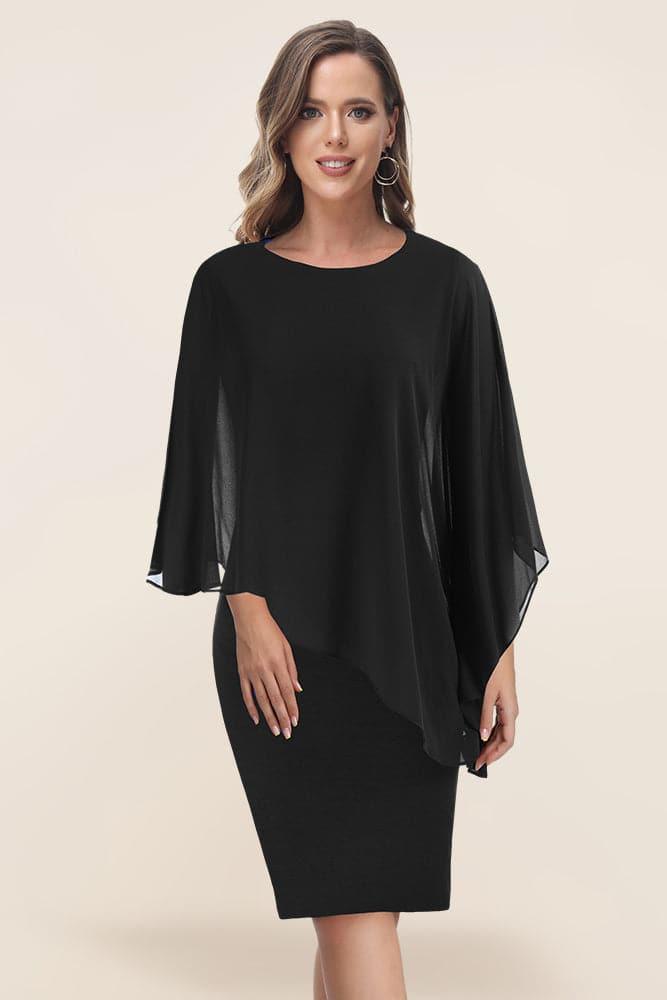 HN Chiffon Capelet Decorated Dress Crew Neck Knee Length Pencil Dress - Hanna Nikole