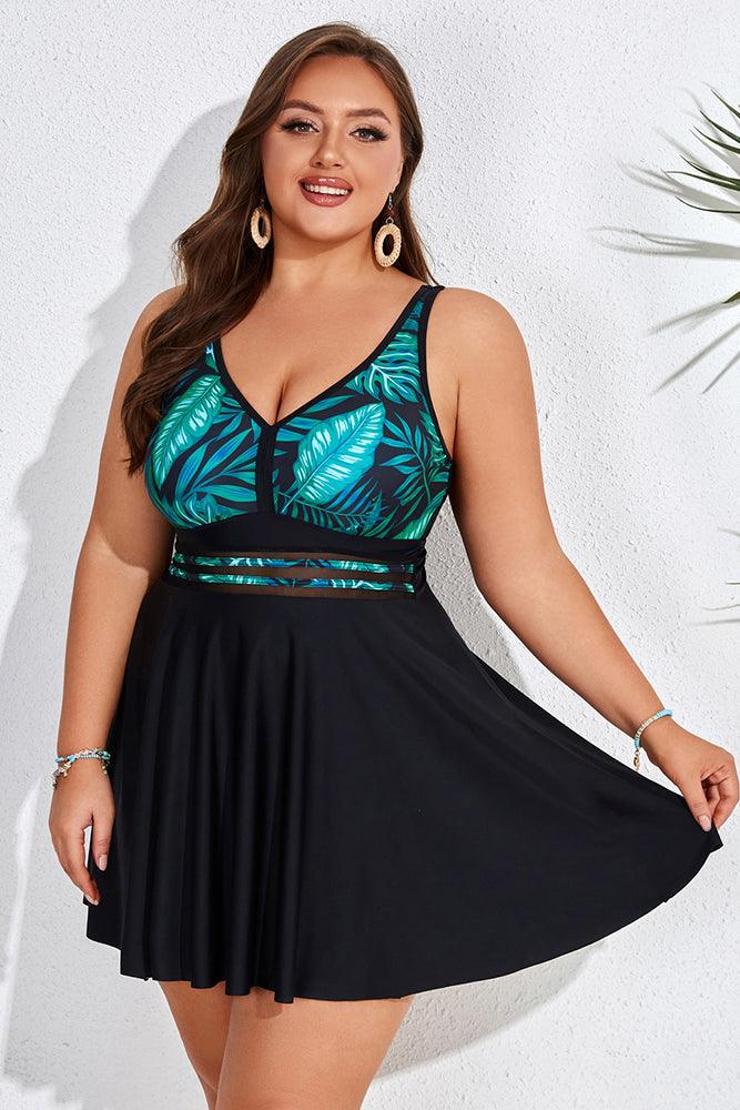 HN Women Plus Size 2pcs Set Swimsuit V-Neck Padded A-Line Tops+Boxer Briefs - Hanna Nikole#color_green-leaf