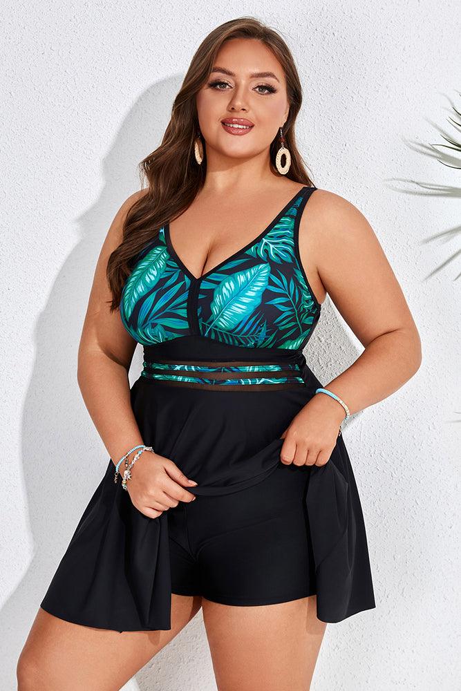 HN Women Plus Size 2pcs Set Swimsuit V-Neck Padded A-Line Tops+Boxer Briefs - Hanna Nikole#color_green-leaf