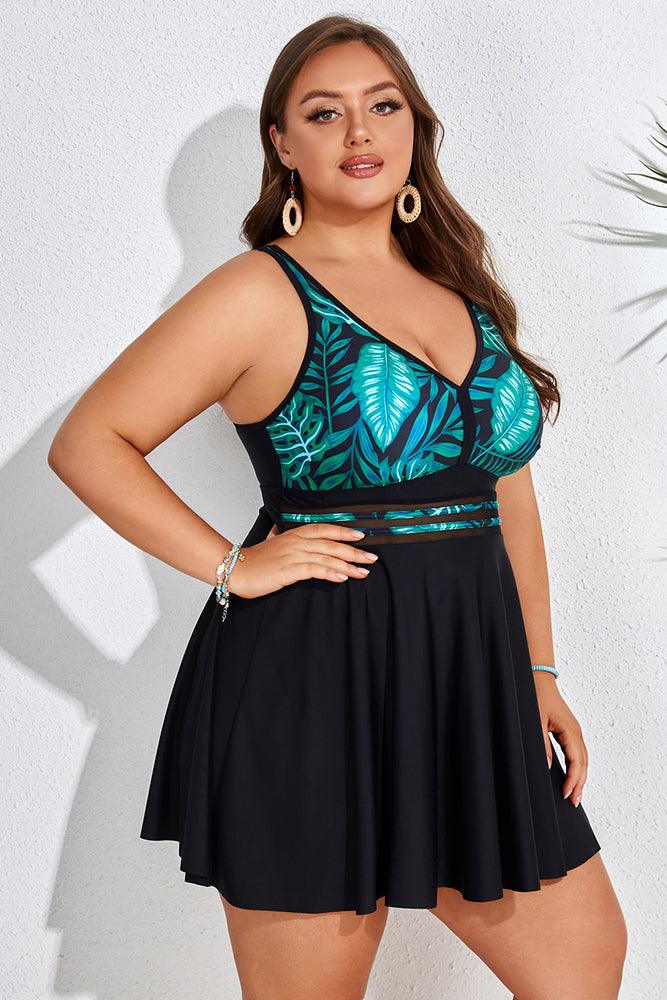 HN Women Plus Size 2pcs Set Swimsuit V-Neck Padded A-Line Tops+Boxer Briefs - Hanna Nikole#color_green-leaf