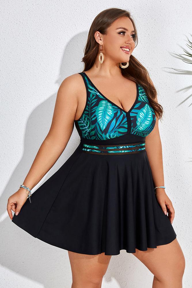 HN Women Plus Size 2pcs Set Swimsuit V-Neck Padded A-Line Tops+Boxer Briefs - Hanna Nikole#color_green-leaf