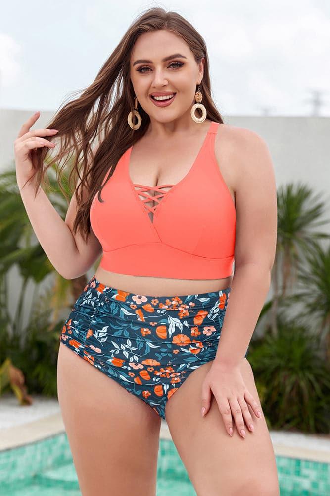 HN Women Plus Size 2pcs Set Swimsuit Cross Back Padded Tops+Ruched Briefs - Hanna Nikole