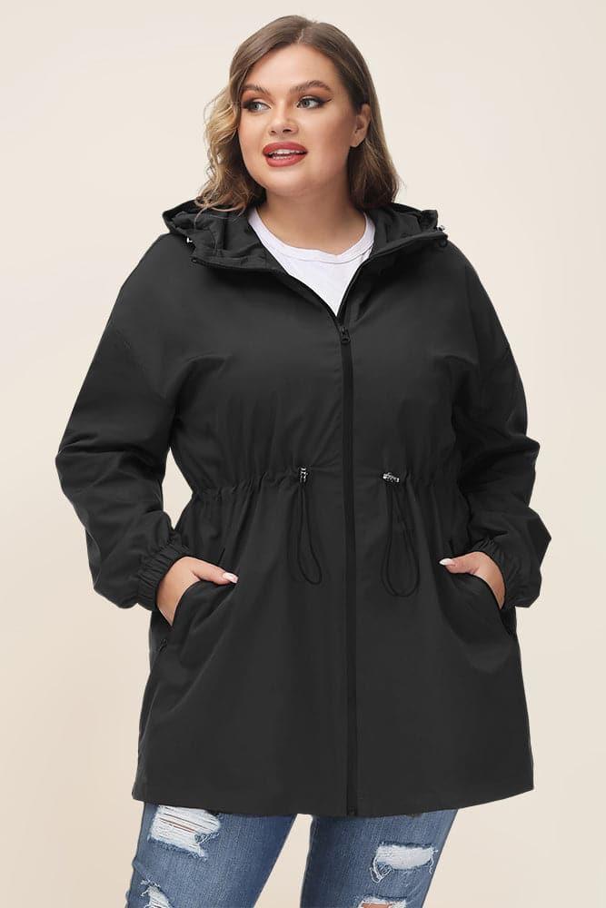 HN Women Plus Size Drawstring Waist Rain Coat Above Knee Hooded Rain Jacket - Hanna Nikole