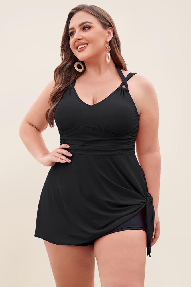 HN Women Plus Size 2pcs Set Irregular Hem Padded Dress+Briefs Swimwear - Hanna Nikole#color_black