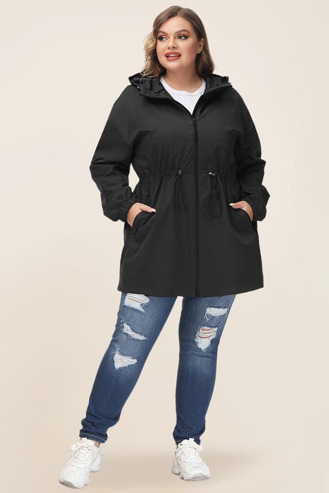 HN Women Plus Size Drawstring Waist Rain Coat Above Knee Hooded Rain Jacket - Hanna Nikole