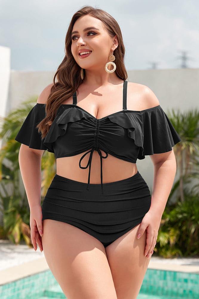HN Women Plus Size 2pcs Set Swimsuit Padded Swim Tops+High Waist Ruched Briefs - Hanna Nikole#color_black
