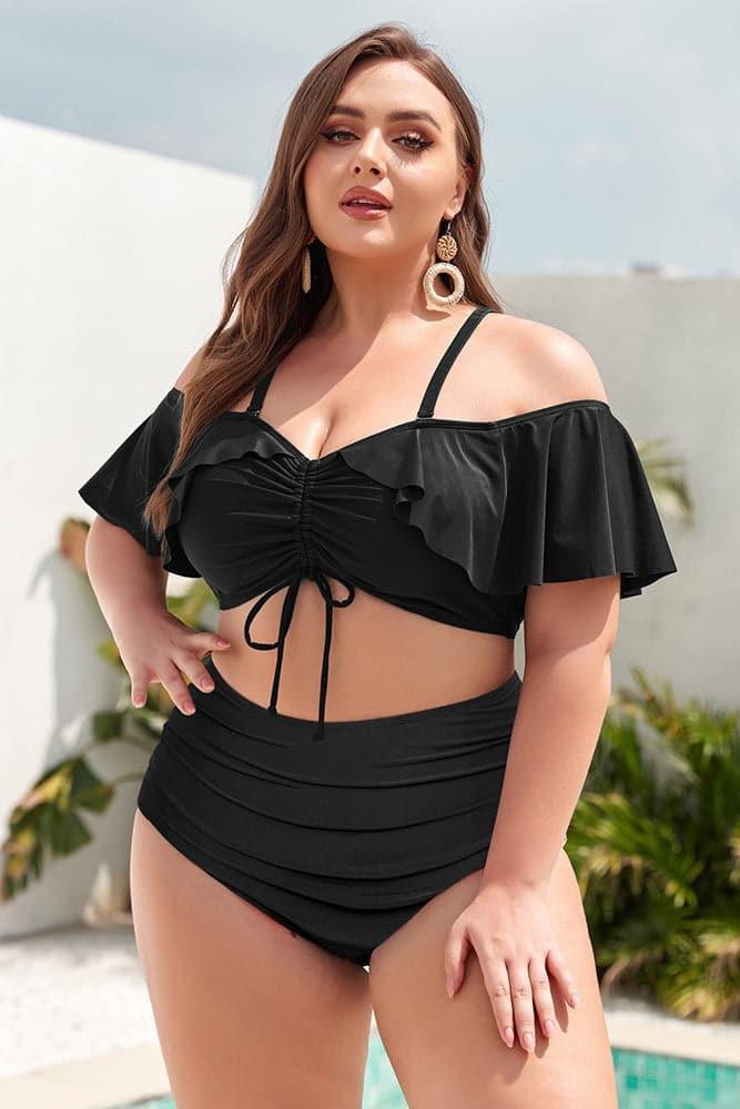 HN Women Plus Size 2pcs Set Swimsuit Padded Swim Tops+High Waist Ruched Briefs - Hanna Nikole#color_black