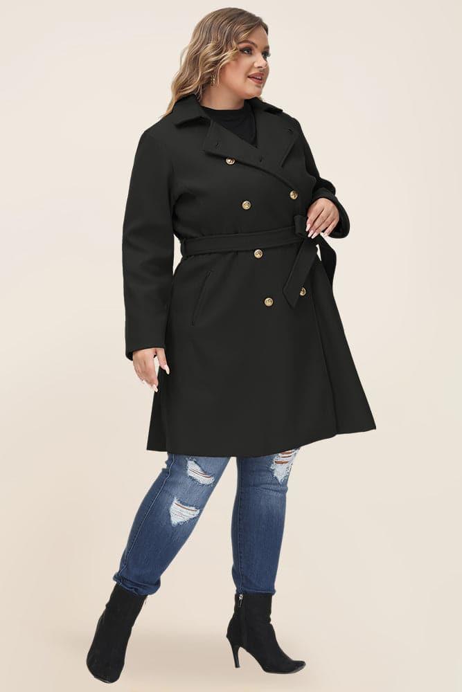 HN Double Breasted Overcoat with Belt Lapel Collar Peacoat - Hanna Nikole