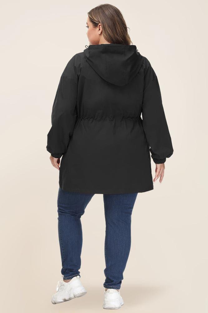HN Women Plus Size Drawstring Waist Rain Coat Above Knee Hooded Rain Jacket - Hanna Nikole