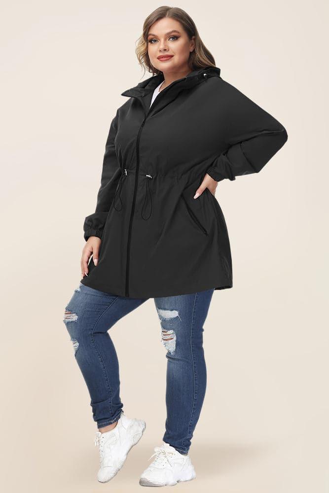 HN Women Plus Size Drawstring Waist Rain Coat Above Knee Hooded Rain Jacket - Hanna Nikole