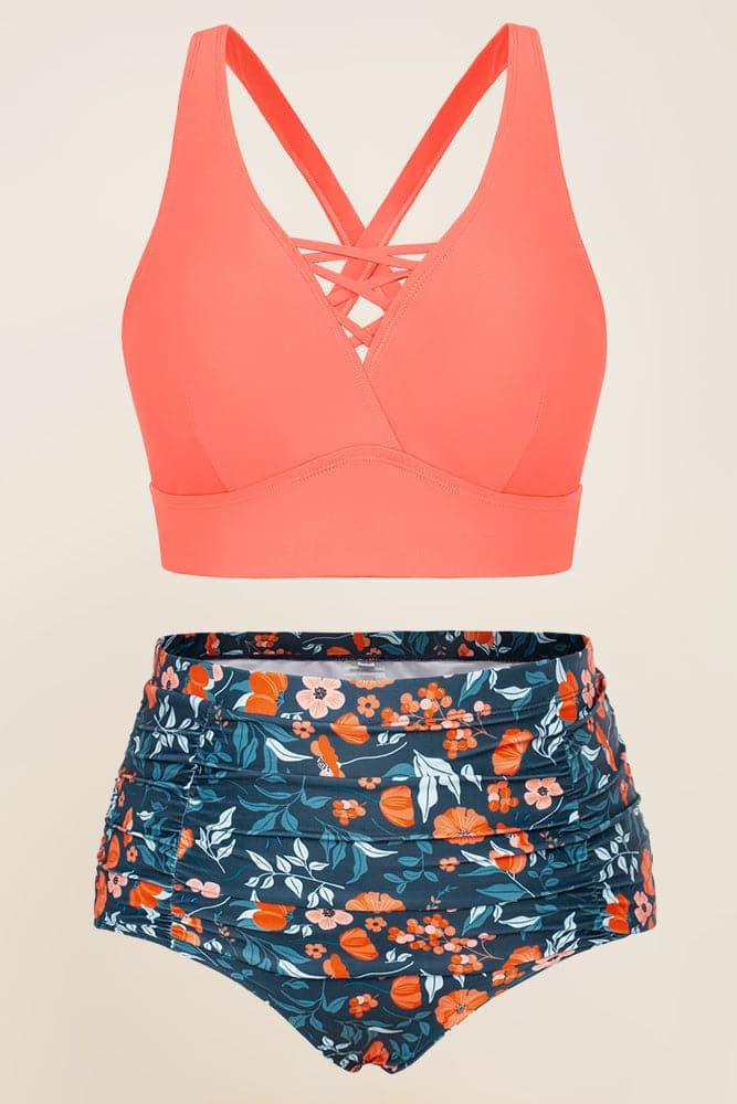 HN Women Plus Size 2pcs Set Swimsuit Cross Back Padded Tops+Ruched Briefs - Hanna Nikole