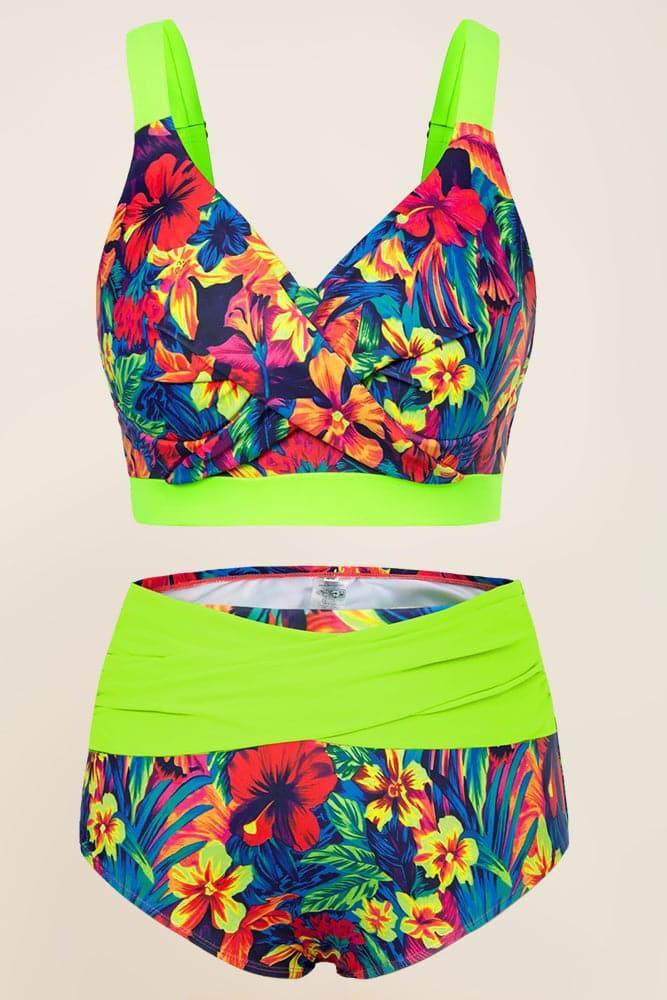 HN Women Plus Size 2pcs Set Swimsuit Cross Over Padded Tops+High Waist Briefs - Hanna Nikole
