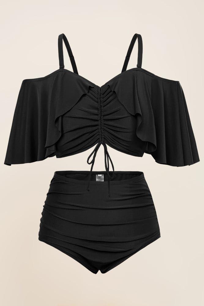 HN Women Plus Size 2pcs Set Swimsuit Padded Swim Tops+High Waist Ruched Briefs - Hanna Nikole#color_black