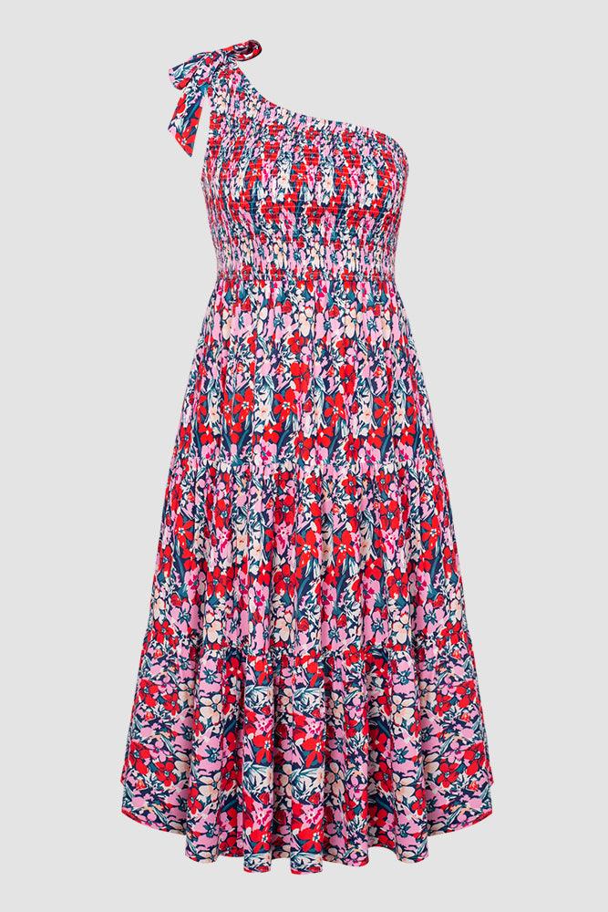 Women Plus Size Elastic Waist Midi Dress One-Shoulder A-Line Dress - Hanna Nikole