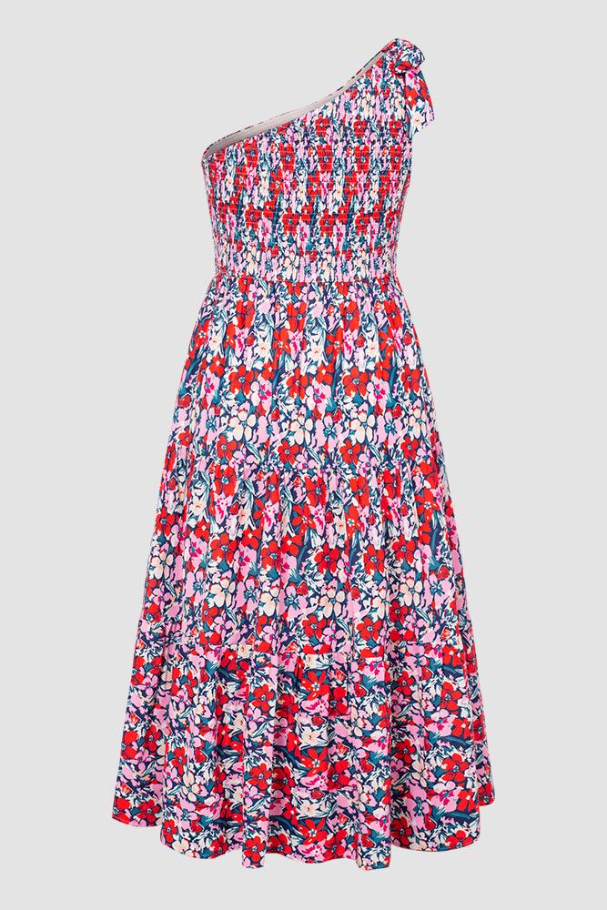 Women Plus Size Elastic Waist Midi Dress One-Shoulder A-Line Dress - Hanna Nikole#color_pink-flower