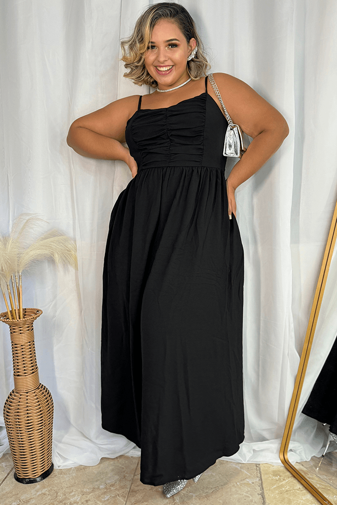 HN Black Plus Size V-Neck Maxi Dress Spaghetti Straps Ruched A-Line Dress - Hanna Nikole