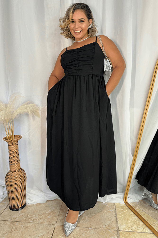 HN Black Plus Size V-Neck Maxi Dress Spaghetti Straps Ruched A-Line Dress - Hanna Nikole