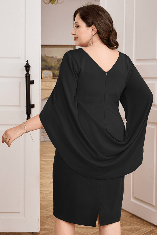 HN Contrast Fabric Party Cape Sleeve Crew Neck Dress - Hanna Nikole