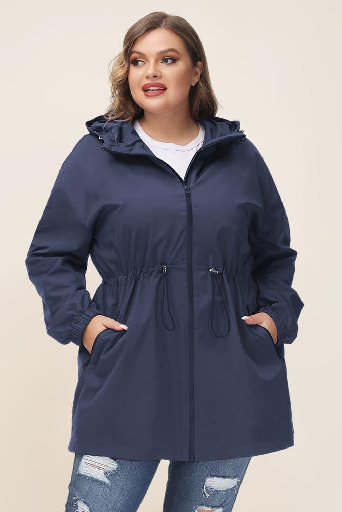 HN Women Plus Size Drawstring Waist Rain Coat Above Knee Hooded Rain Jacket - Hanna Nikole