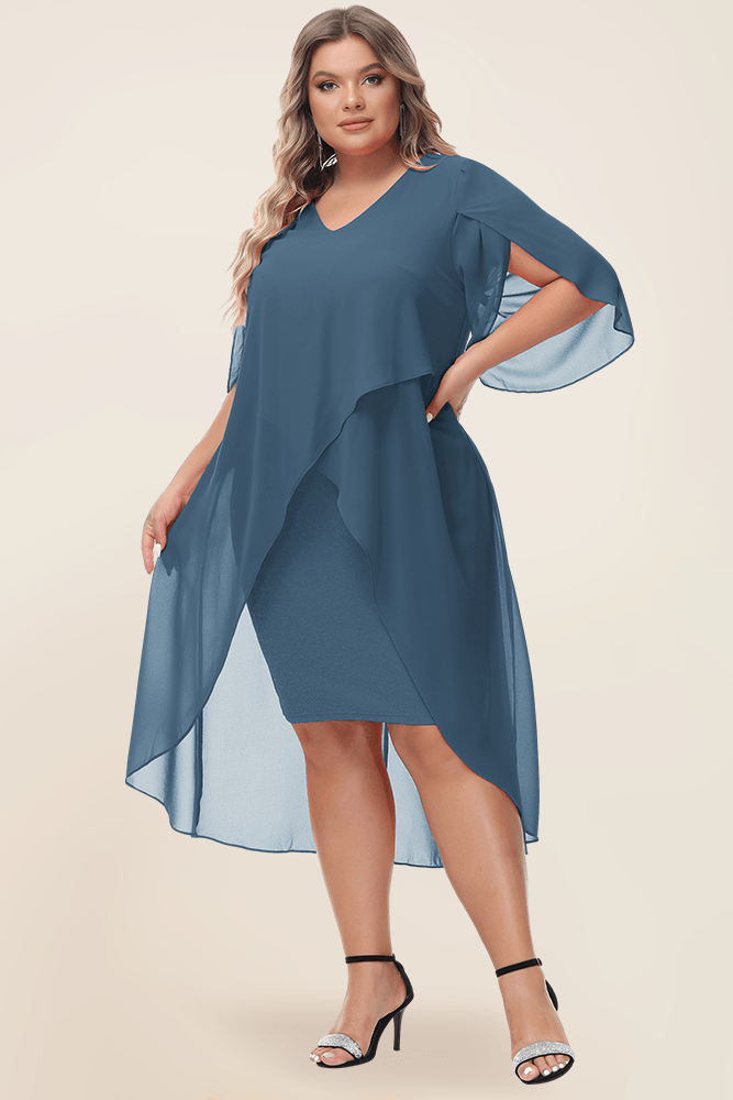 HN Faux Twinset Party 3/4 Petal Sleeve Irregular Hem Dress - Hanna Nikole#color_glaucous