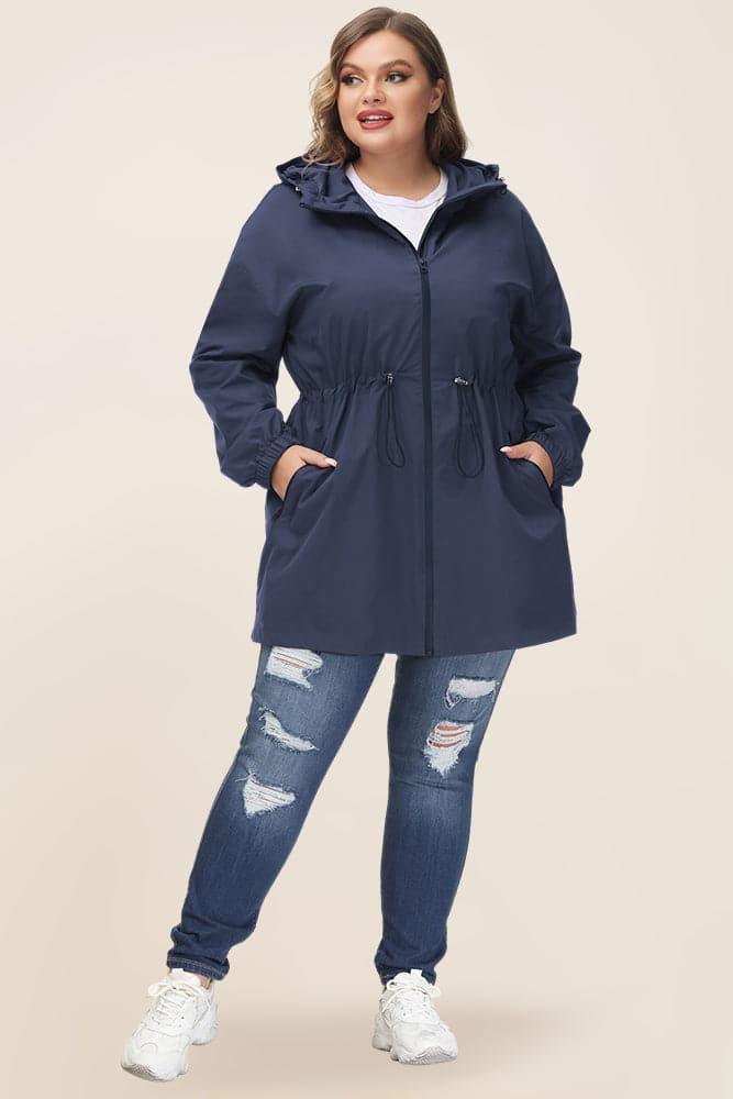 HN Women Plus Size Drawstring Waist Rain Coat Above Knee Hooded Rain Jacket - Hanna Nikole