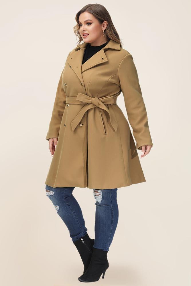 HN Double Breasted Overcoat with Belt Lapel Collar Peacoat - Hanna Nikole