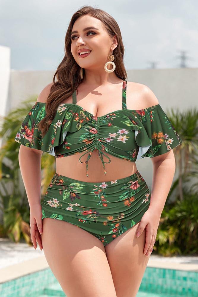 HN Women Plus Size 2pcs Set Swimsuit Padded Swim Tops+High Waist Ruched Briefs - Hanna Nikole#color_green