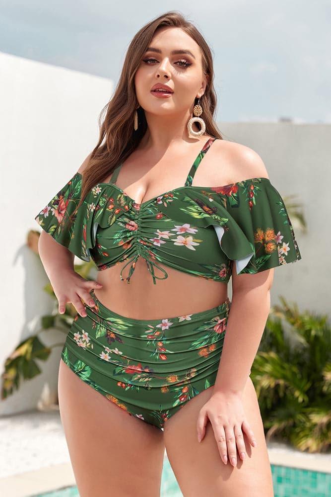 HN Women Plus Size 2pcs Set Swimsuit Padded Swim Tops+High Waist Ruched Briefs - Hanna Nikole#color_green