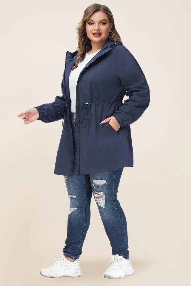 HN Women Plus Size Drawstring Waist Rain Coat Above Knee Hooded Rain Jacket - Hanna Nikole