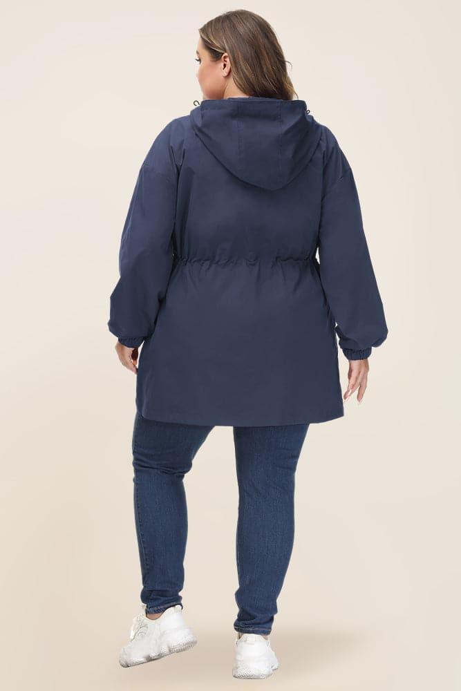 HN Women Plus Size Drawstring Waist Rain Coat Above Knee Hooded Rain Jacket - Hanna Nikole