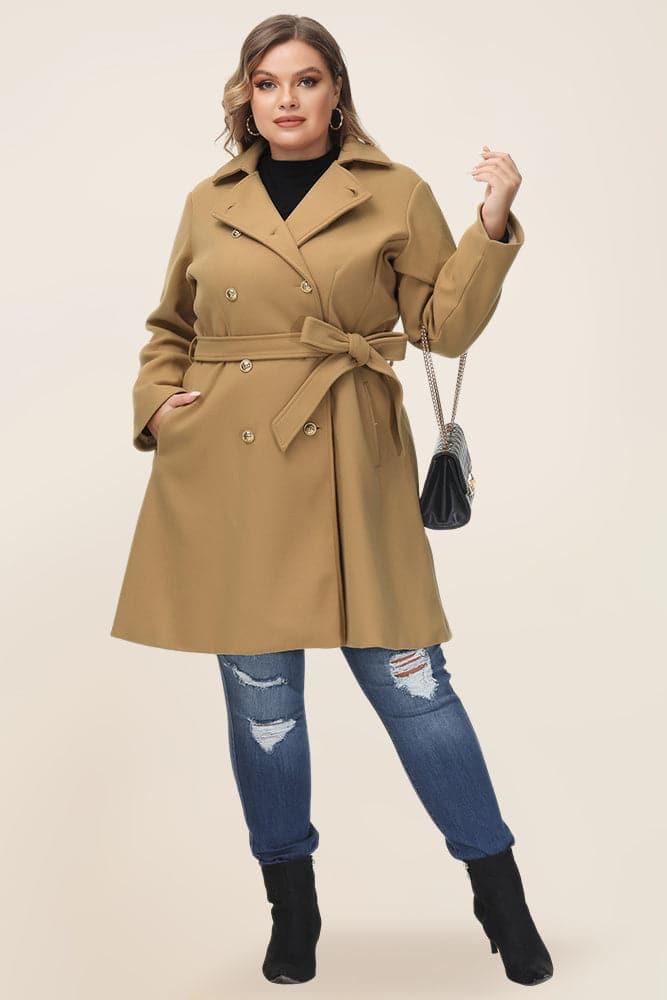 HN Double Breasted Overcoat with Belt Lapel Collar Peacoat - Hanna Nikole