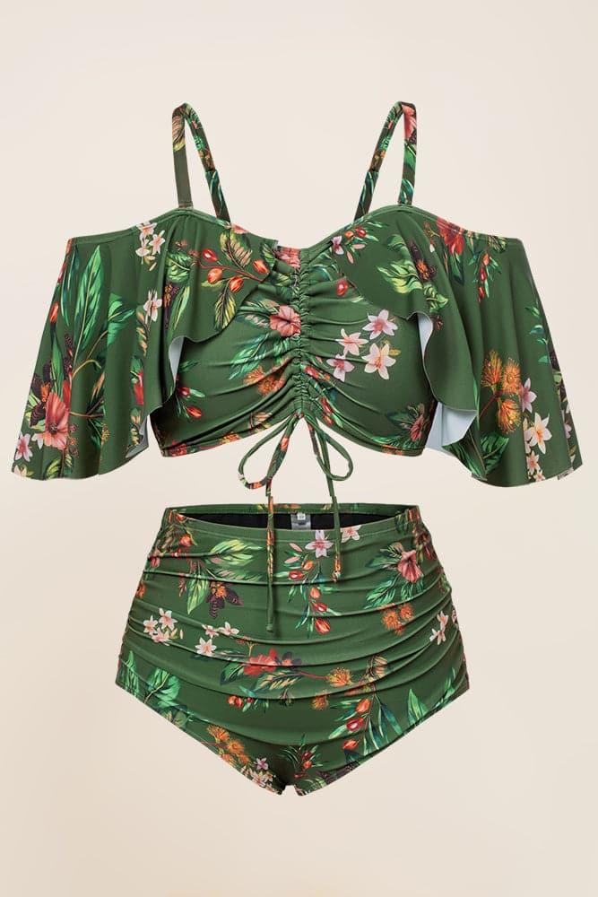 HN Women Plus Size 2pcs Set Swimsuit Padded Swim Tops+High Waist Ruched Briefs - Hanna Nikole#color_green