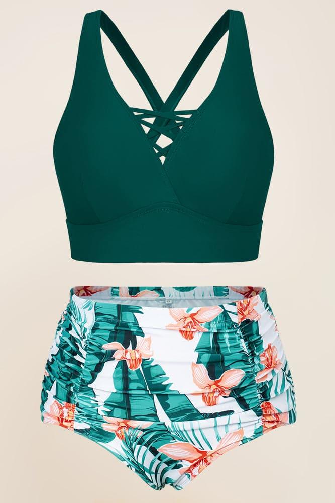 HN Women Plus Size 2pcs Set Swimsuit Cross Back Padded Tops+Ruched Briefs - Hanna Nikole