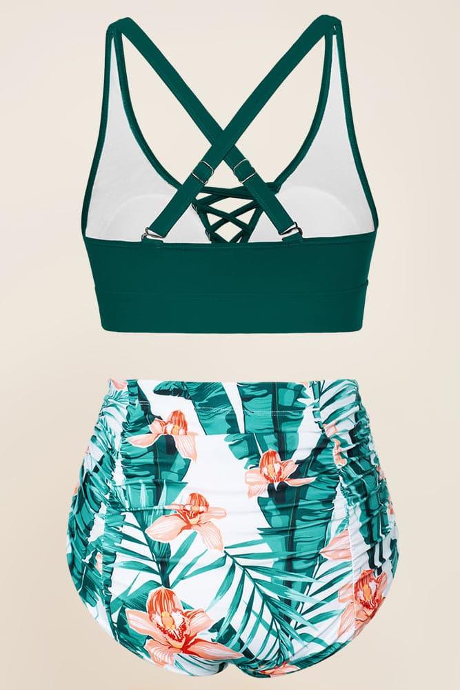 HN Women Plus Size 2pcs Set Swimsuit Cross Back Padded Tops+Ruched Briefs - Hanna Nikole