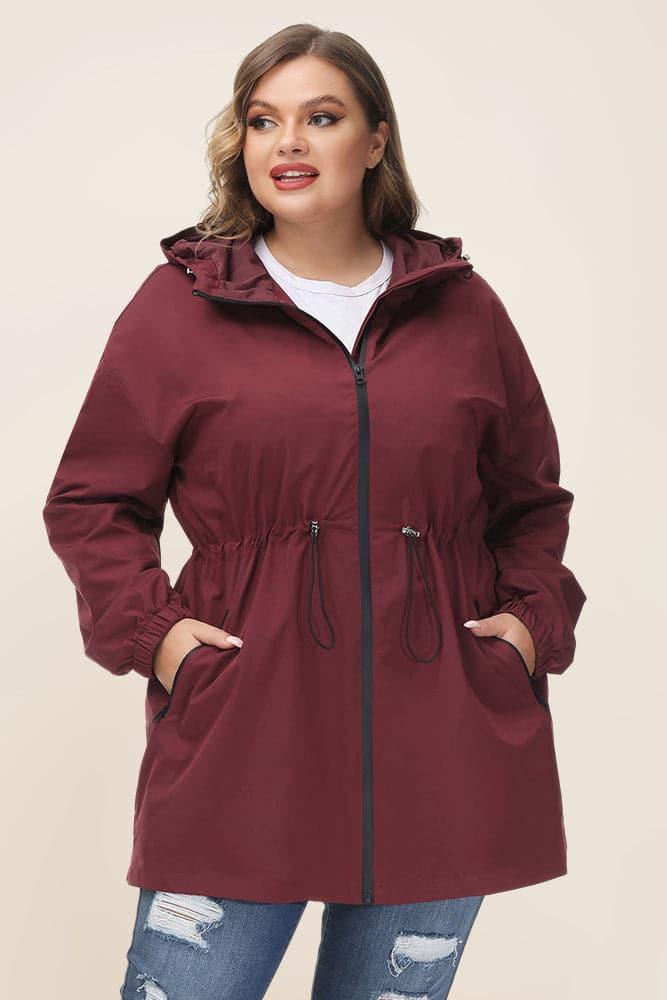 HN Women Plus Size Drawstring Waist Rain Coat Above Knee Hooded Rain Jacket - Hanna Nikole