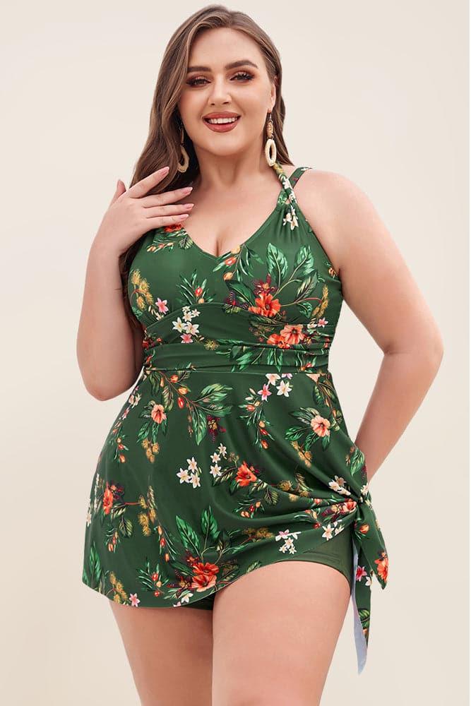 HN Women Plus Size 2pcs Set Irregular Hem Padded Dress+Briefs Swimwear - Hanna Nikole#color_green-flowers