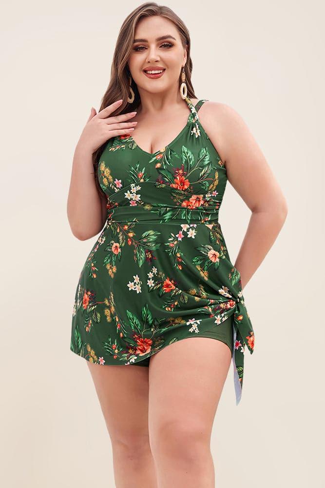HN Women Plus Size 2pcs Set Irregular Hem Padded Dress+Briefs Swimwear - Hanna Nikole#color_green-flowers